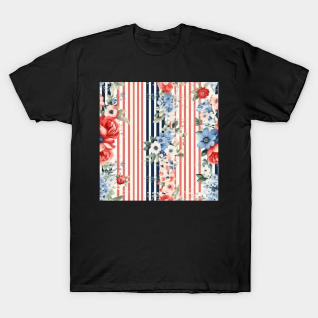 Red White and Blue Patriotic Shabby Floral T-Shirt by VintageFlorals